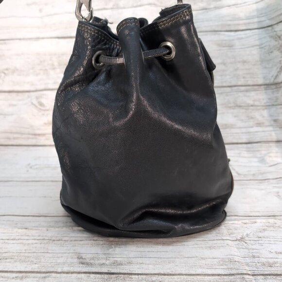 Rugby Bags Black Leather Vintage Made in Canada Draw String Bucket Bag - Picture 2 of 9